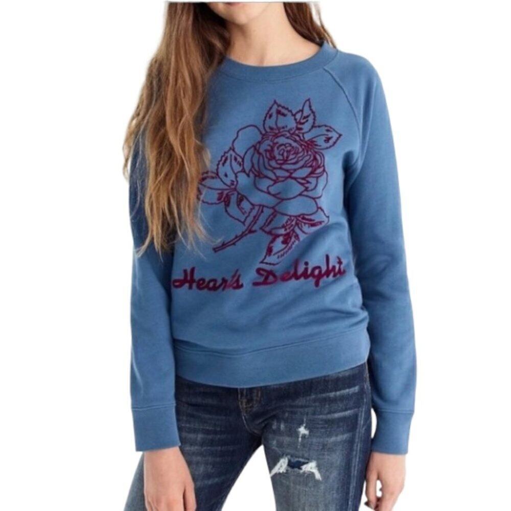 J.Crew Blue Long Sleeve Crewneck Cotton "Hearts Delight" Sweatshirt Size S